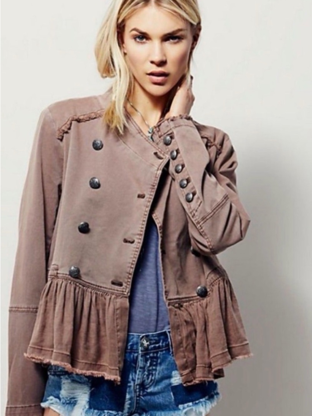 Free People Womens Ruffled Peplum Military Button Jacket
